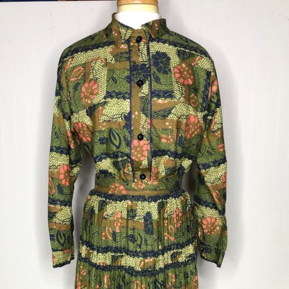 Vintage 50s/60s Pleated Skirt Set Green Navy Floral Women's Medium - Picture 2 of 4